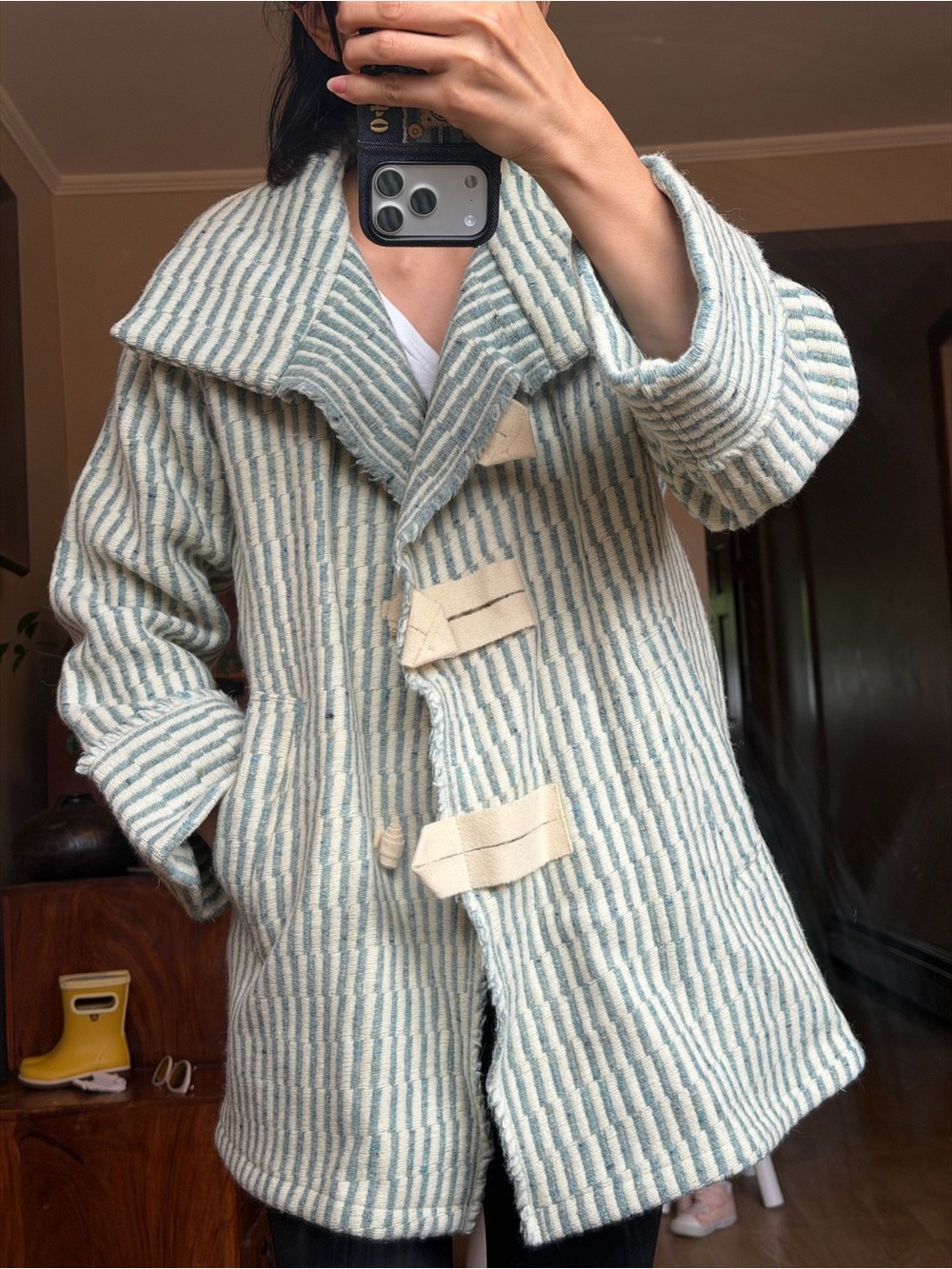 Chicoracao Wool coat Striped Toggle-Front Wool Blend Coat - Light Blue & Cream